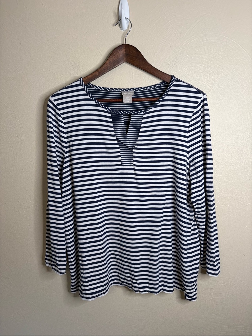 Chico's Split Neck Top Women 2P Navy White Striped Roll Tab Sleeve Nautical